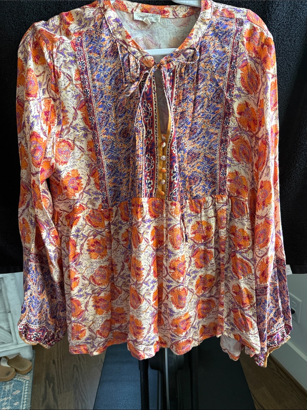 Mystree Floral Tie-Neck Tunic in Cream, Orange & Purple